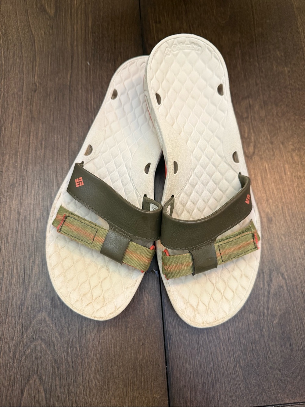 Columbia Olive and White Slide Sandals with Coral Accents